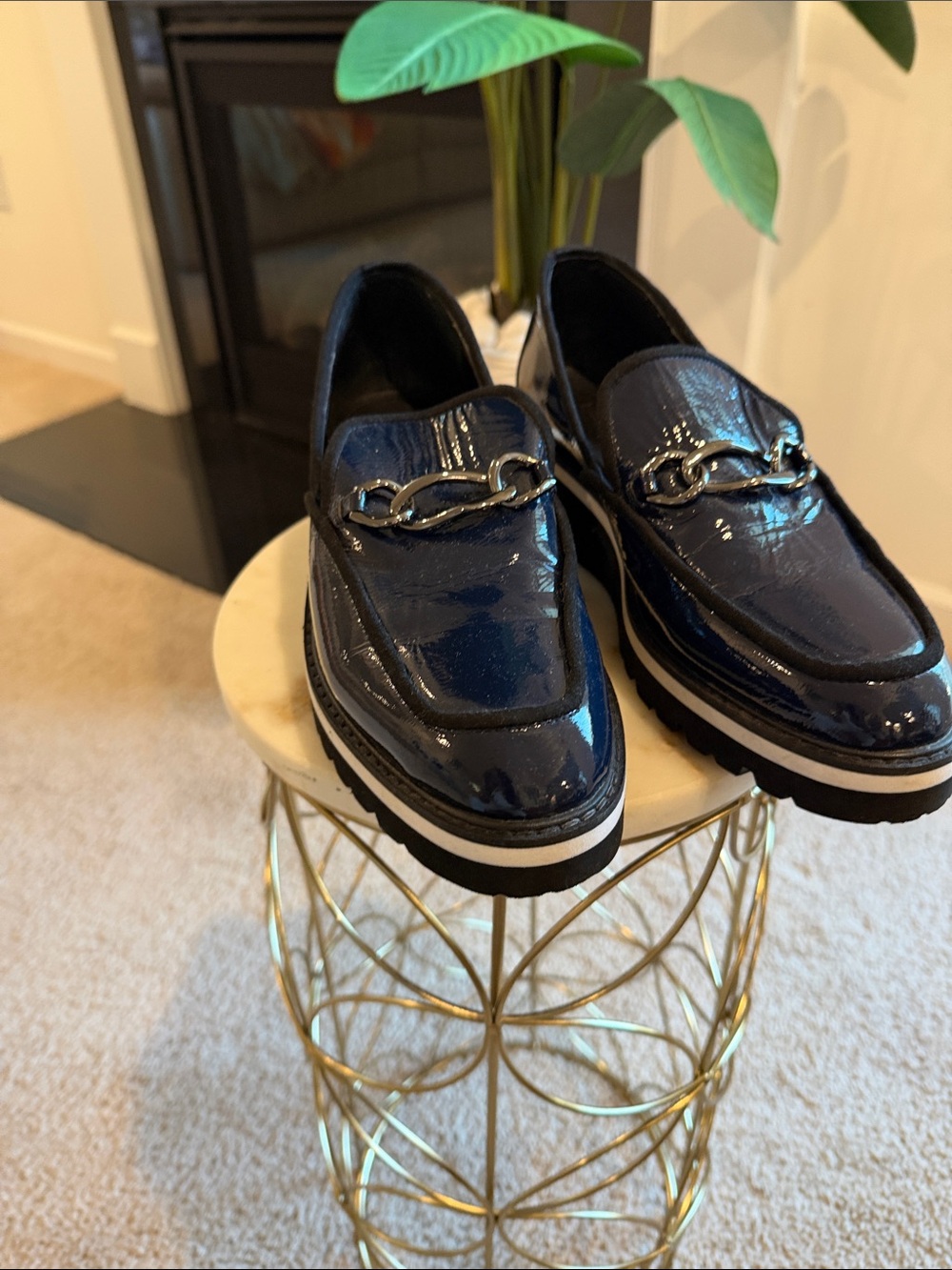 Donald J. Pliner Navy Patent Loafers with Chain Accent